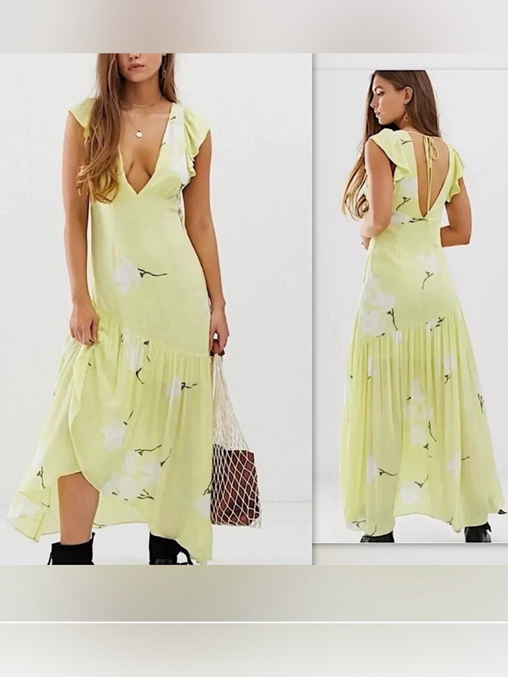 Free People Lemon Yellow Floral V-Neck Maxi Dress